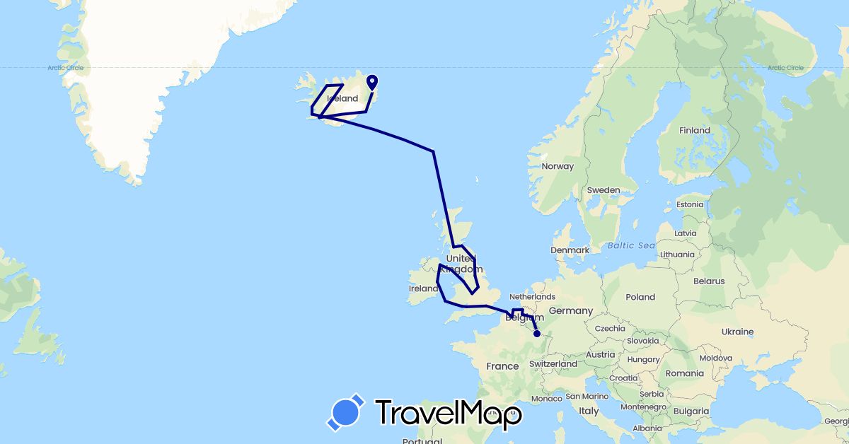TravelMap itinerary: driving in Belgium, Faroe Islands, France, United Kingdom, Ireland, Isle of Man, Iceland, Luxembourg (Europe)